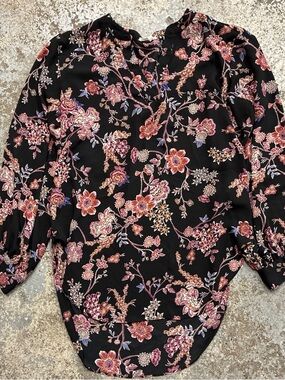 Maurices Black Floral Blouse with Pink and Lavender Blooms